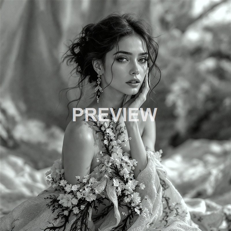 A black and white photograph of a woman with wavy hair, wearing earrings, with her hand gently touching her face, and draped in a floral garment, set against a blurred natural background.